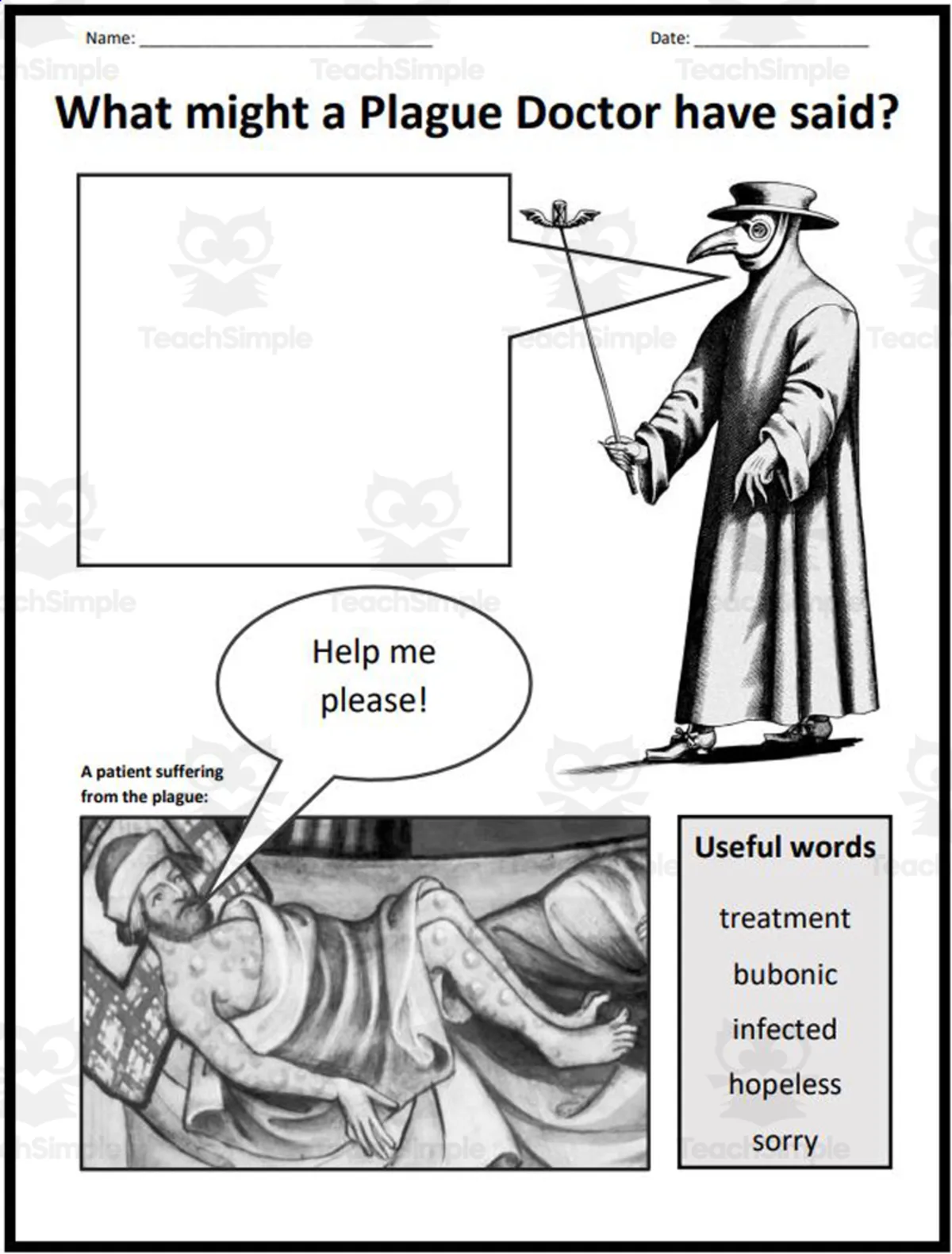 An educational teaching resource from Elementary Resources 4 U entitled Discovering the Plague Doctor: Fact Sheet and Worksheets downloadable at Teach Simple.