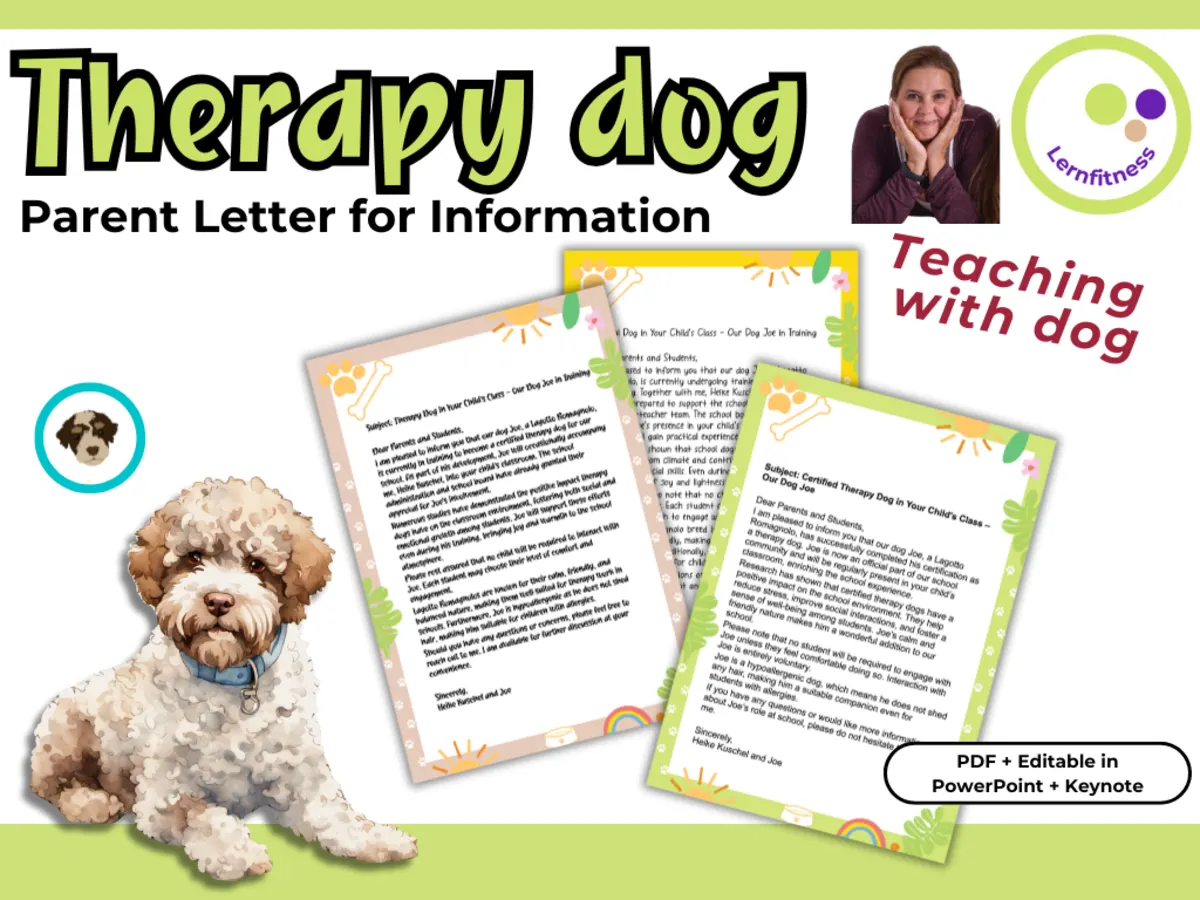 An educational teaching resource from Lernfitness entitled Editable Parent Letter β Inform Families About Your School Dog downloadable at Teach Simple.