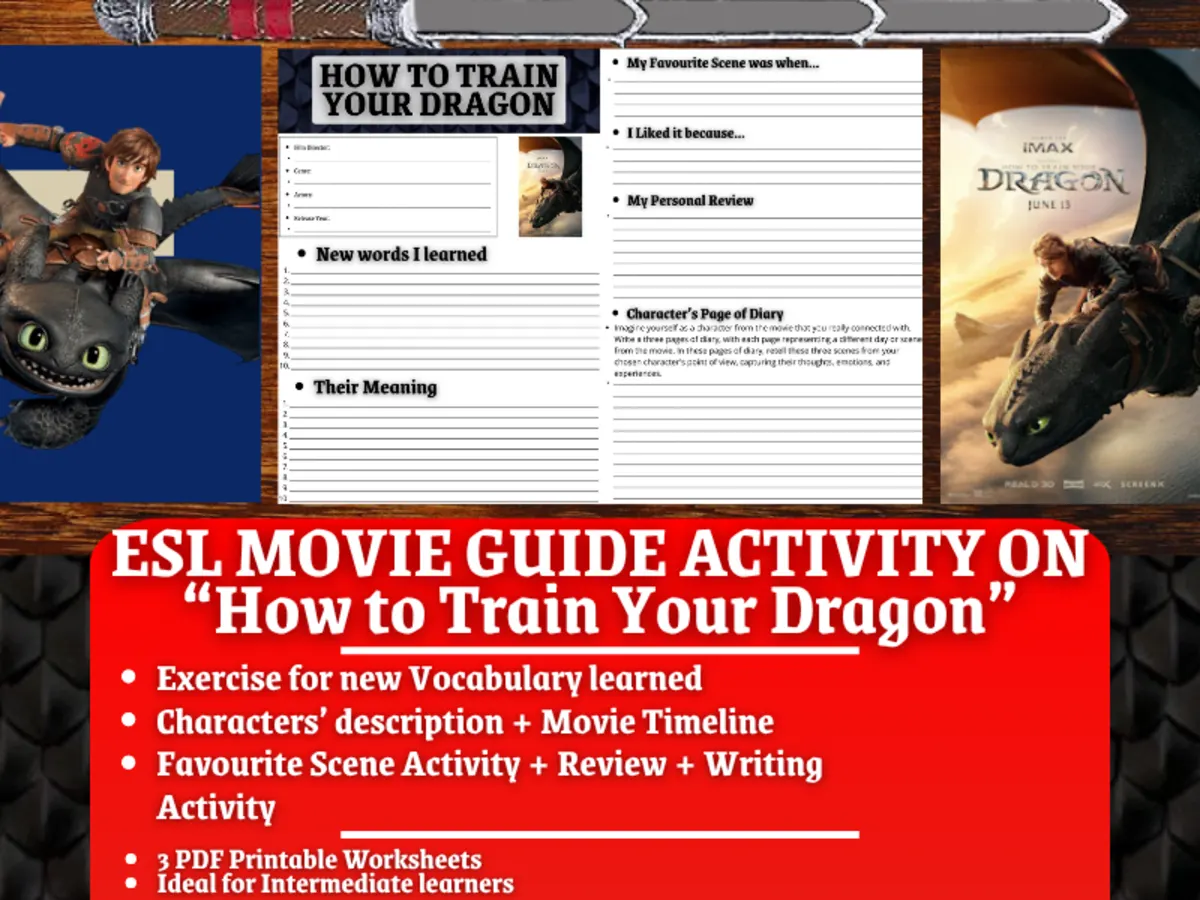An educational teaching resource from Learning with Alan entitled ESL Movie Guide Worksheets - "How to Train Your Dragon" - Live Action downloadable at Teach Simple.