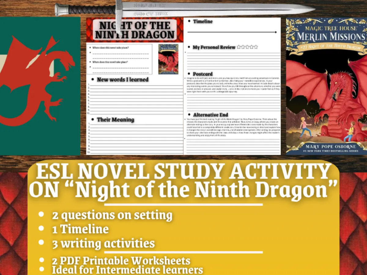 An educational teaching resource from Learning with Alan entitled ESL Novel Study - Night of the Ninth Dragon - Magic Tree House downloadable at Teach Simple.