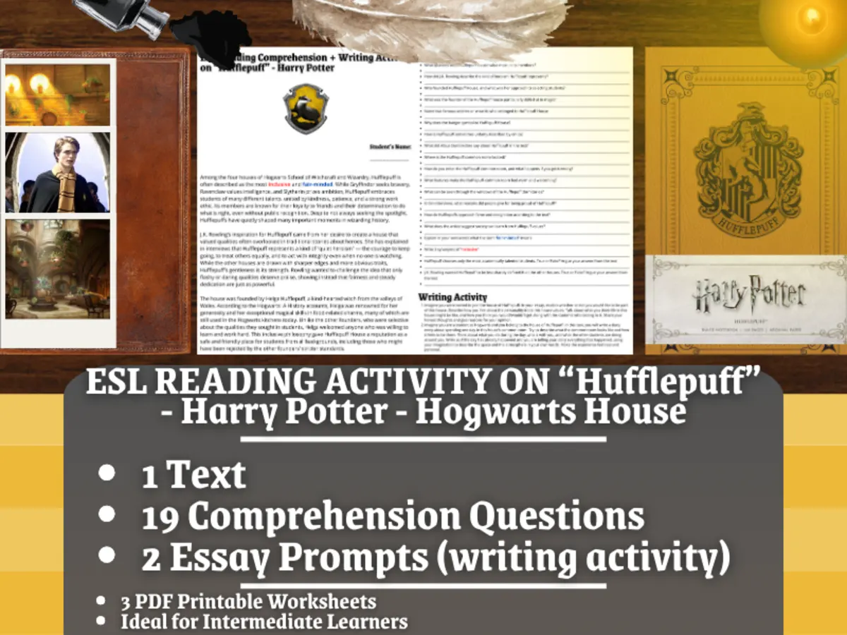 An educational teaching resource from Learning with Alan entitled ESL Reading Comprehension + Essay - Hufflepuff - Harry Potter downloadable at Teach Simple.