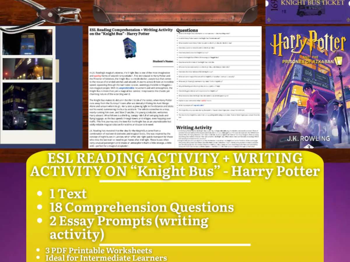 An educational teaching resource from Learning with Alan entitled ESL Reading Comprehension + Essay - Knight Bus - Harry Potter downloadable at Teach Simple.
