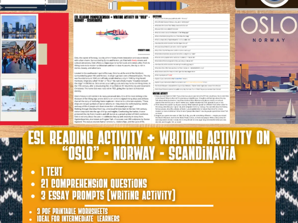 An educational teaching resource from Learning with Alan entitled ESL Reading Comprehension + Essay - Oslo - Norway - Scandinavia downloadable at Teach Simple.