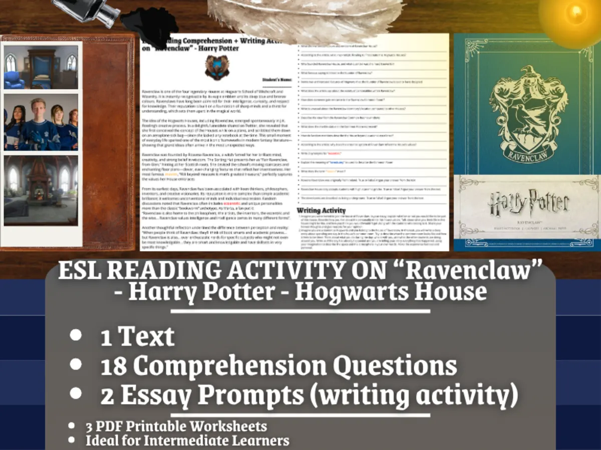 An educational teaching resource from Learning with Alan entitled ESL Reading Comprehension + Essay - Ravenclaw - Harry Potter downloadable at Teach Simple.