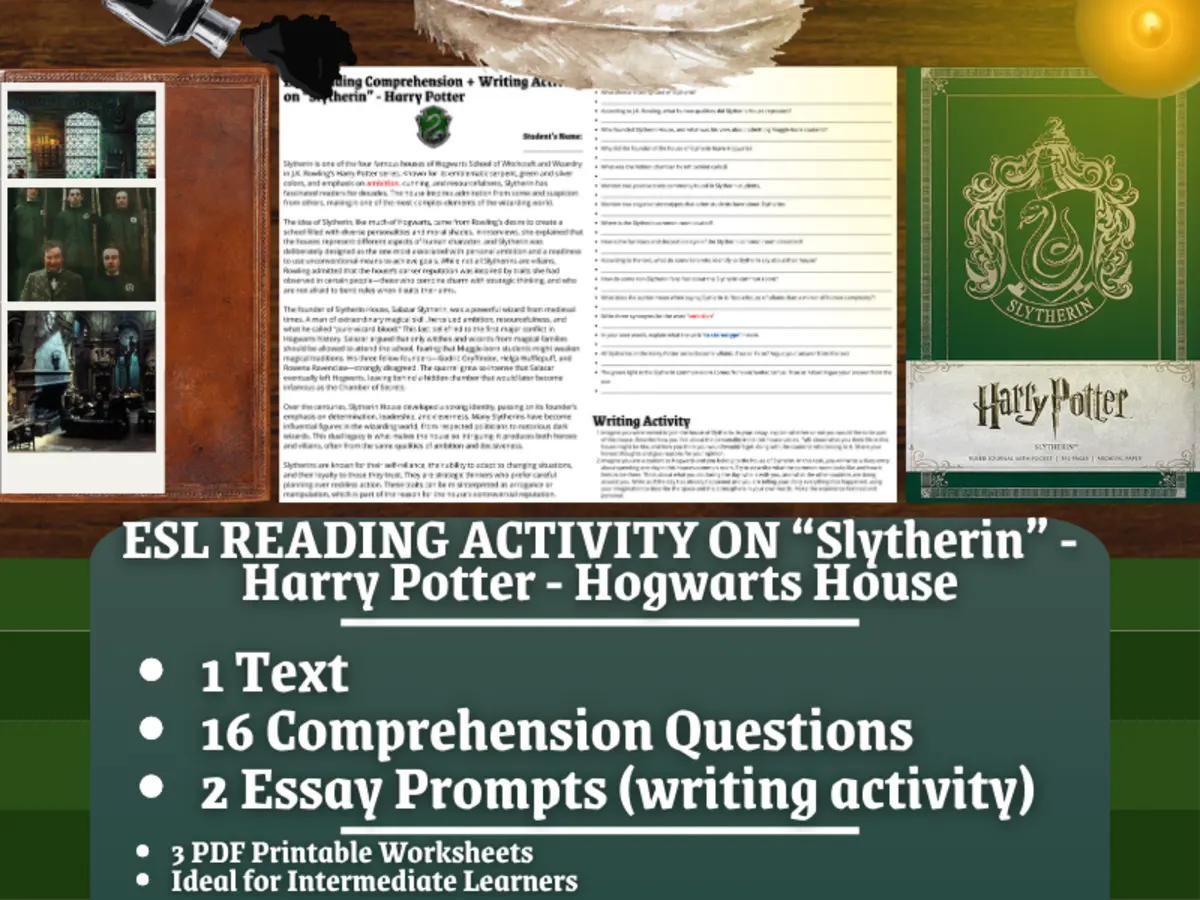 An educational teaching resource from Learning with Alan entitled ESL Reading Comprehension + Essay - Slytherin - Harry Potter downloadable at Teach Simple.