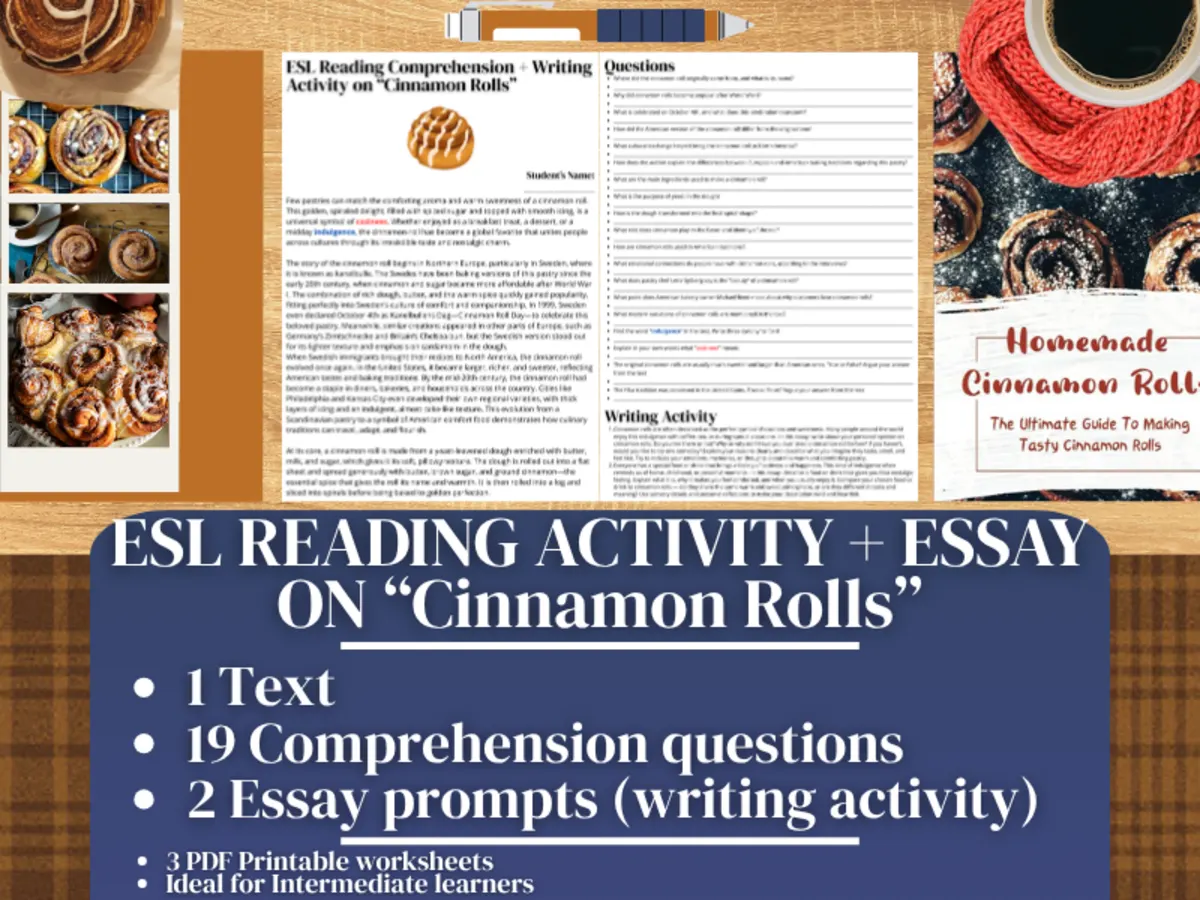 An educational teaching resource from Learning with Alan entitled ESL Reading Comprehension + Writing Activity - Cinnamon Rolls downloadable at Teach Simple.