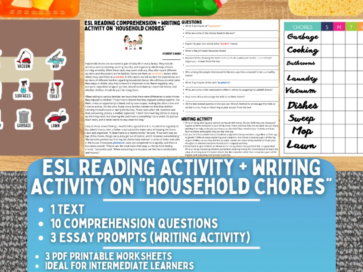 An educational teaching resource from Learning with Alan entitled ESL Reading Comprehension + Writing Activity - Household Chores downloadable at Teach Simple.
