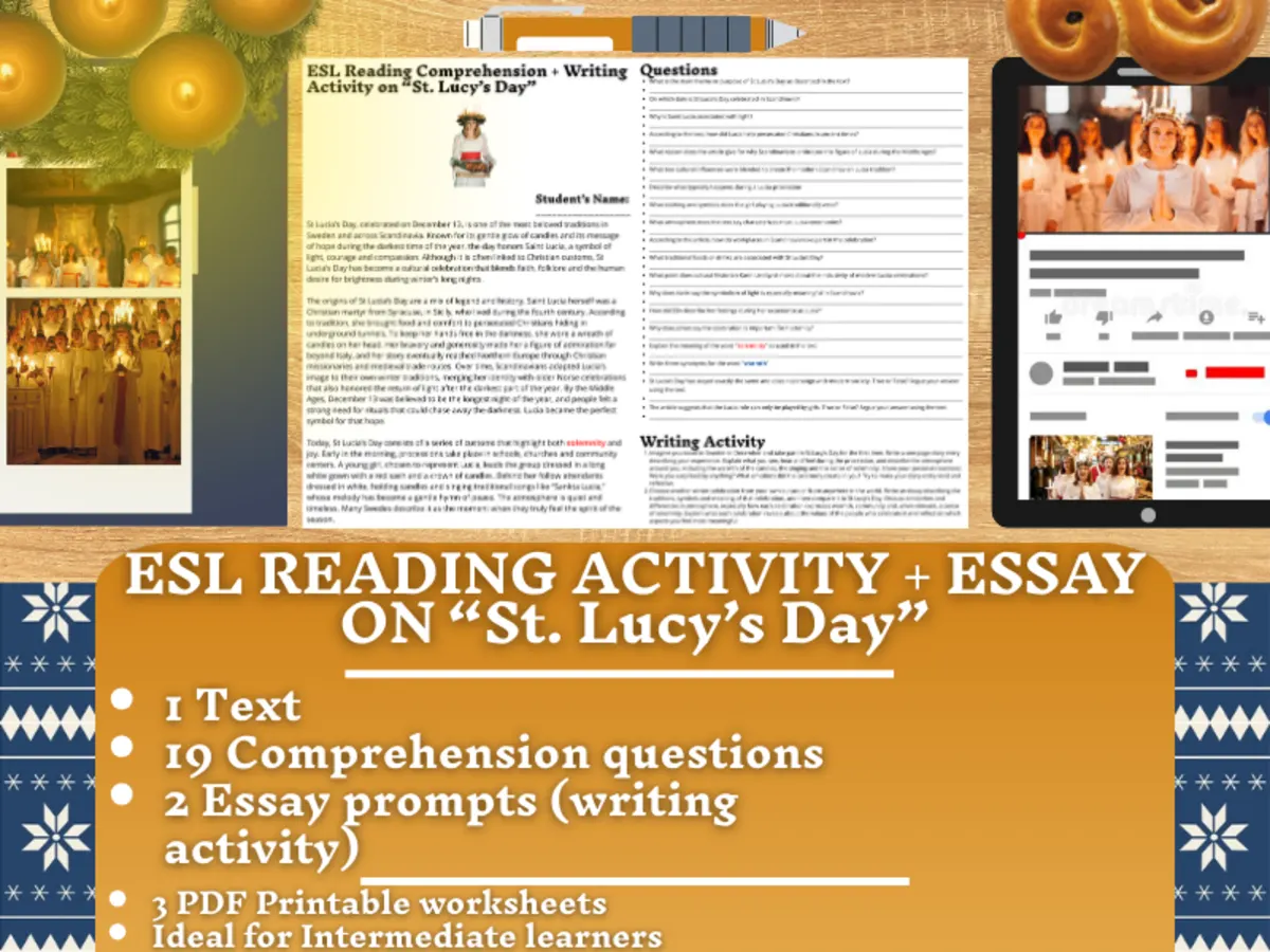 An educational teaching resource from Learning with Alan entitled ESL Reading Comprehension + Writing Activity - St. Lucy's Day - Winter downloadable at Teach Simple.