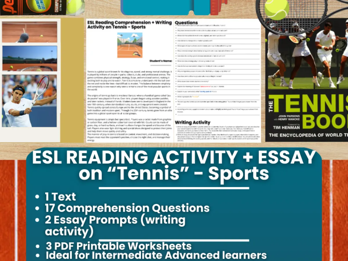 An educational teaching resource from Learning with Alan entitled ESL Reading Comprehension + Writing Activity - Tennis - Sports downloadable at Teach Simple.