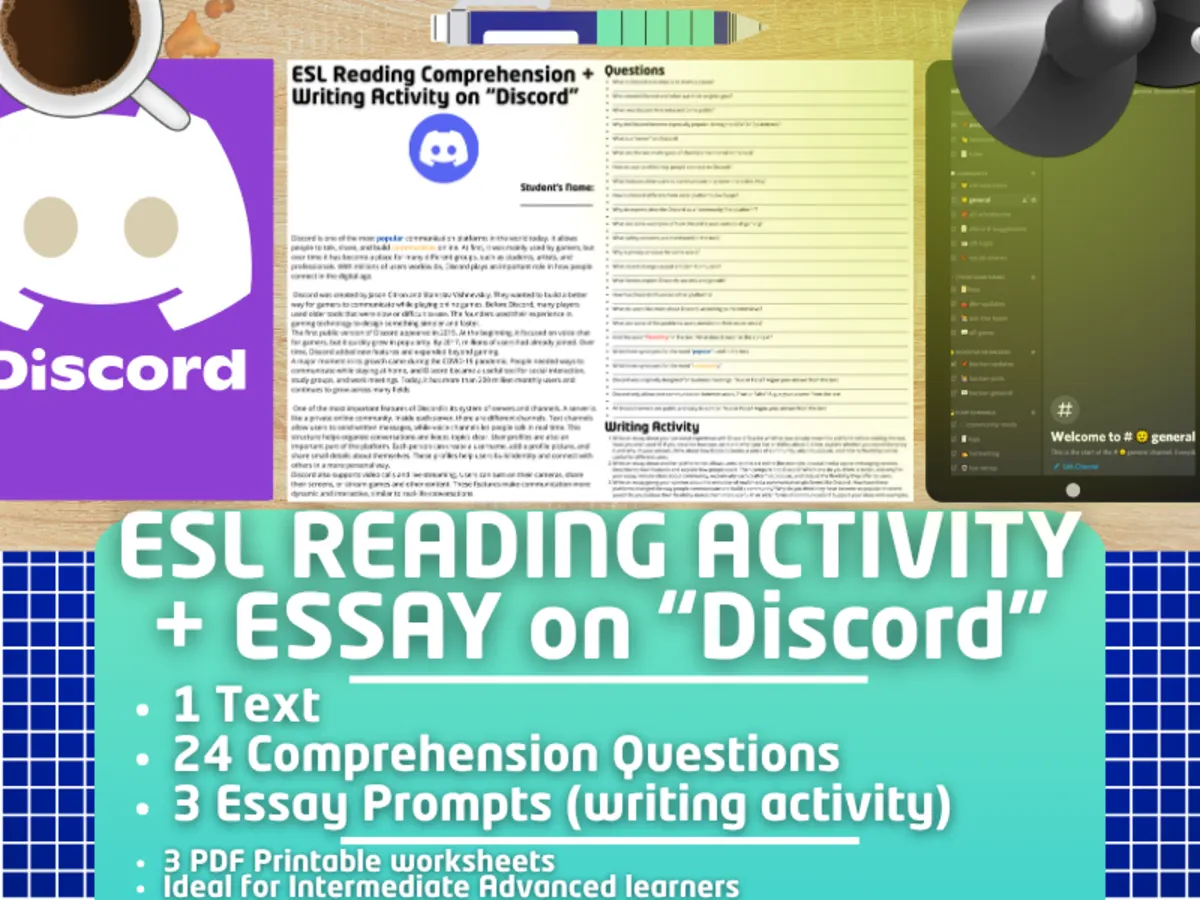 An educational teaching resource from Learning with Alan entitled ESL Reading Comprehension + Writing Activity Worksheets - Discord downloadable at Teach Simple.
