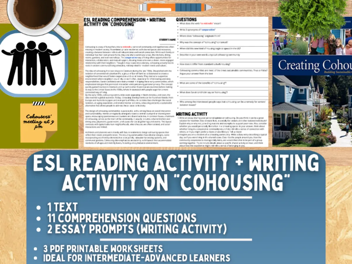 An educational teaching resource from Learning with Alan entitled ESL Reading Comprehension + Writing Activity Worksheets on Cohousing downloadable at Teach Simple.