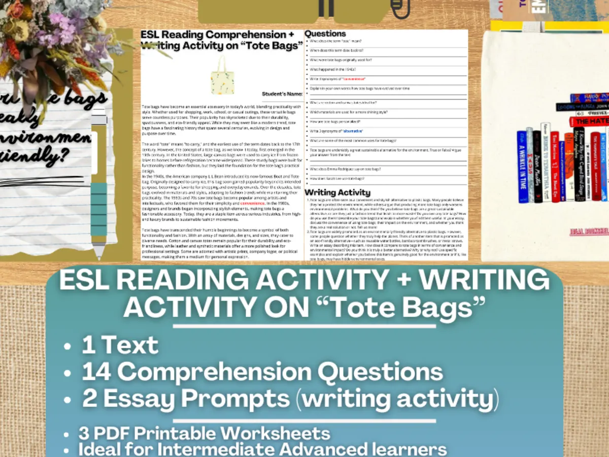An educational teaching resource from Learning with Alan entitled ESL Reading Comprehension + Writing Activity Worksheets on "Tote Bags" downloadable at Teach Simple.