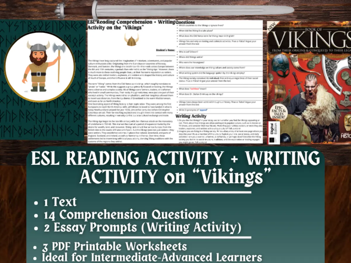 An educational teaching resource from Learning with Alan entitled ESL Reading Comprehension + Writing Activity Worksheets on Vikings downloadable at Teach Simple.