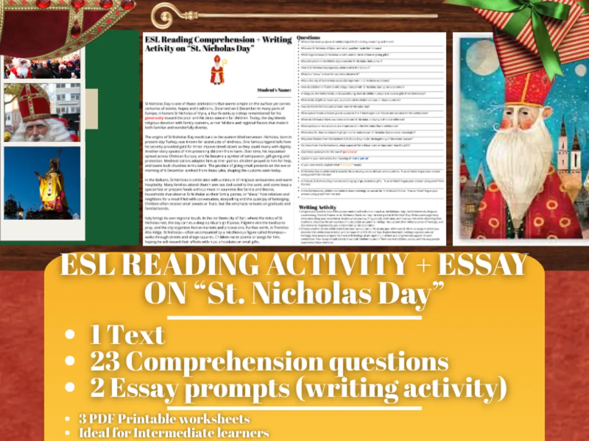 An educational teaching resource from Learning with Alan entitled ESL Reading Comprehension + Writing Activity Worksheets - St. Nicholas downloadable at Teach Simple.