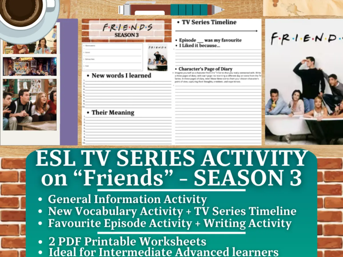An educational teaching resource from Learning with Alan entitled ESL TV Series Activity Worksheets - Friends - Season 3 downloadable at Teach Simple.