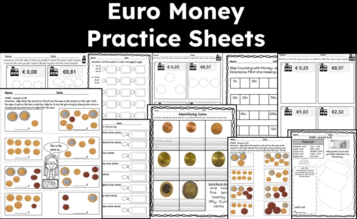 An educational teaching resource from CraftEdPrints entitled Euro Money Practice Sheets downloadable at Teach Simple.