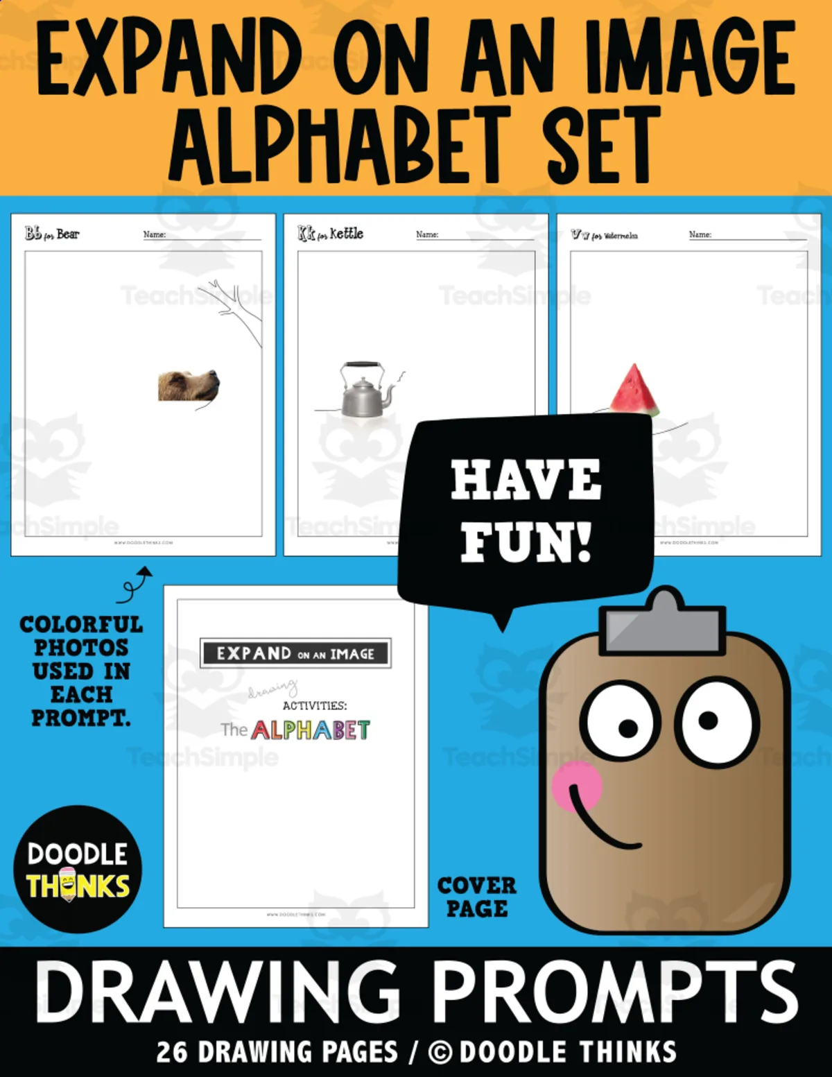 An educational teaching resource from Doodle Thinks entitled Expand on an Image Alphabet Set Drawing Prompts downloadable at Teach Simple.