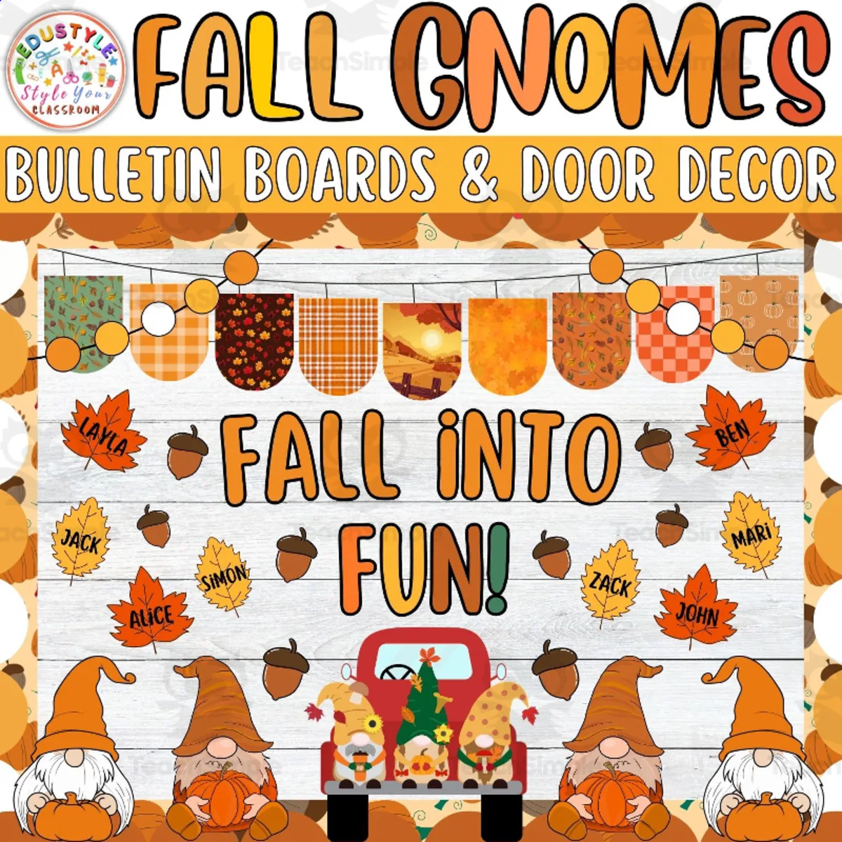An educational teaching resource from Style Your Classroom entitled Fall into Fun!: Gnomies Bulletin board or door Decor kit- September downloadable at Teach Simple.