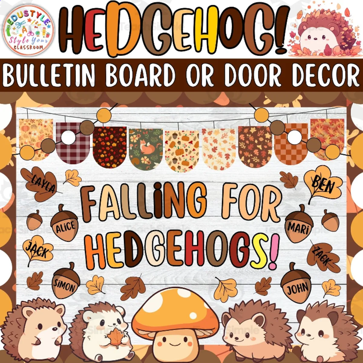 An educational teaching resource from Style Your Classroom entitled Falling for Hedgehogs Fall Bulletin Board or Door Decor Kit- September downloadable at Teach Simple.