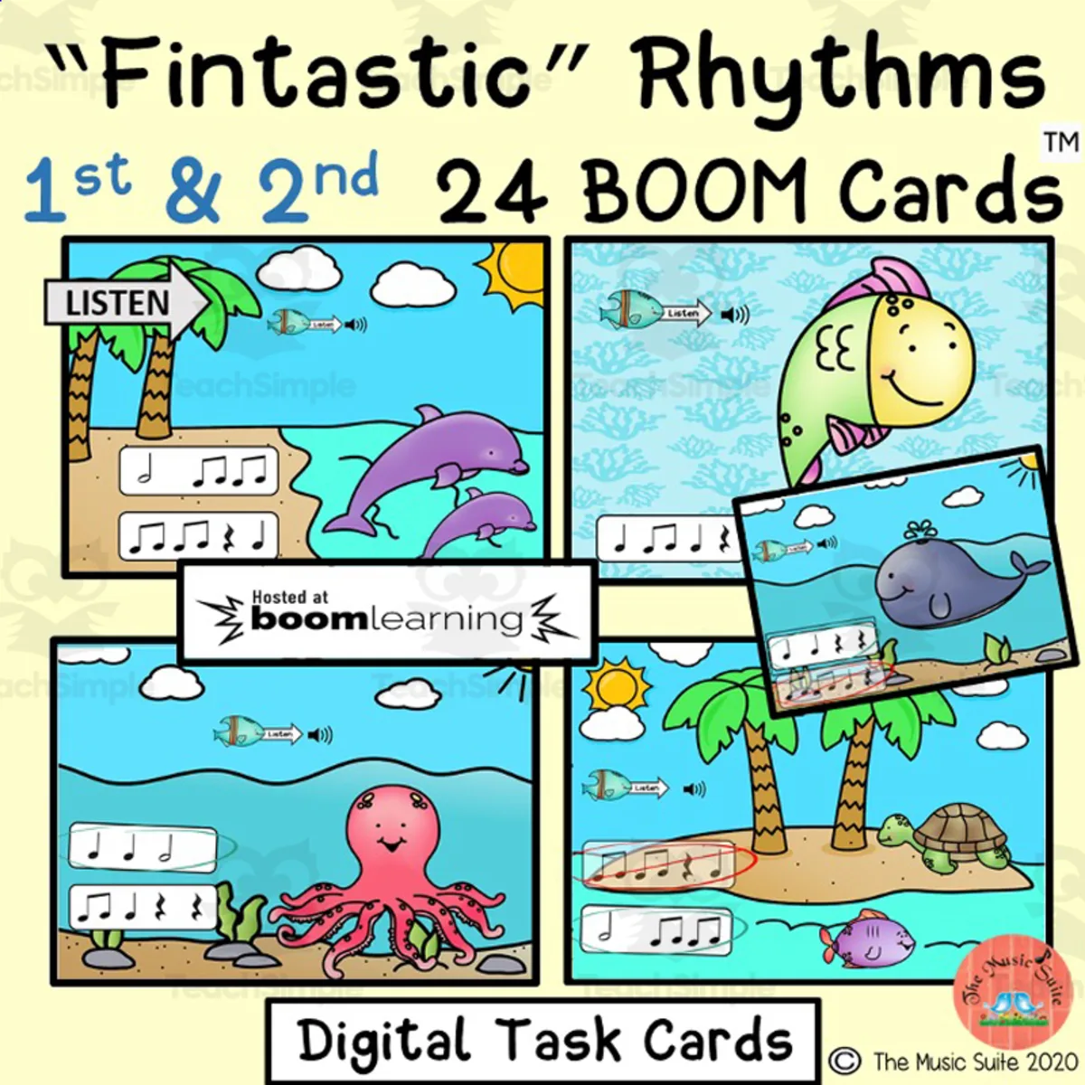 An educational teaching resource from The Music Suite entitled "Fintastic" Rhythms Boom Cards downloadable at Teach Simple.
