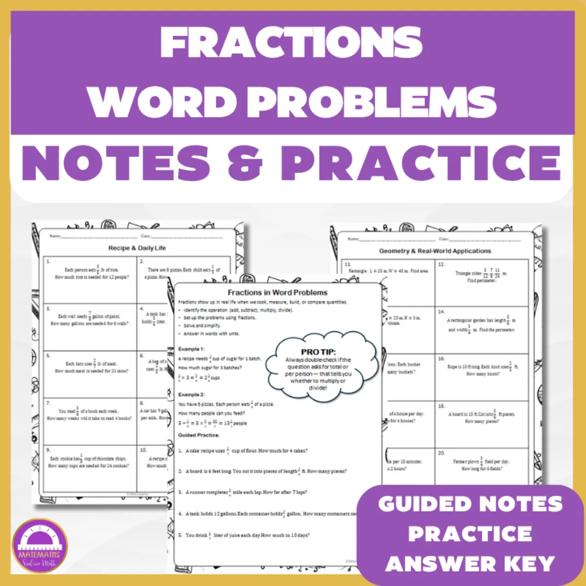 An educational teaching resource from Matemaths entitled Fractions Word Problems Guided Notes with Practice & Answer Key downloadable at Teach Simple.