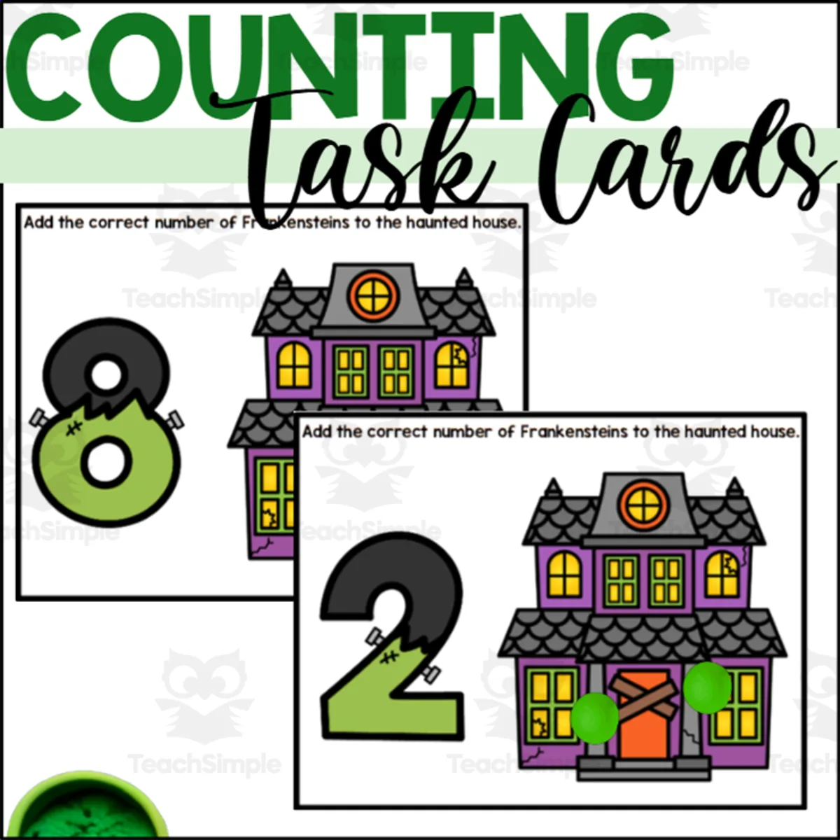An educational teaching resource from The Connett Connection entitled Frankenstein Counting to 10 Fine Motor Task Cards downloadable at Teach Simple.