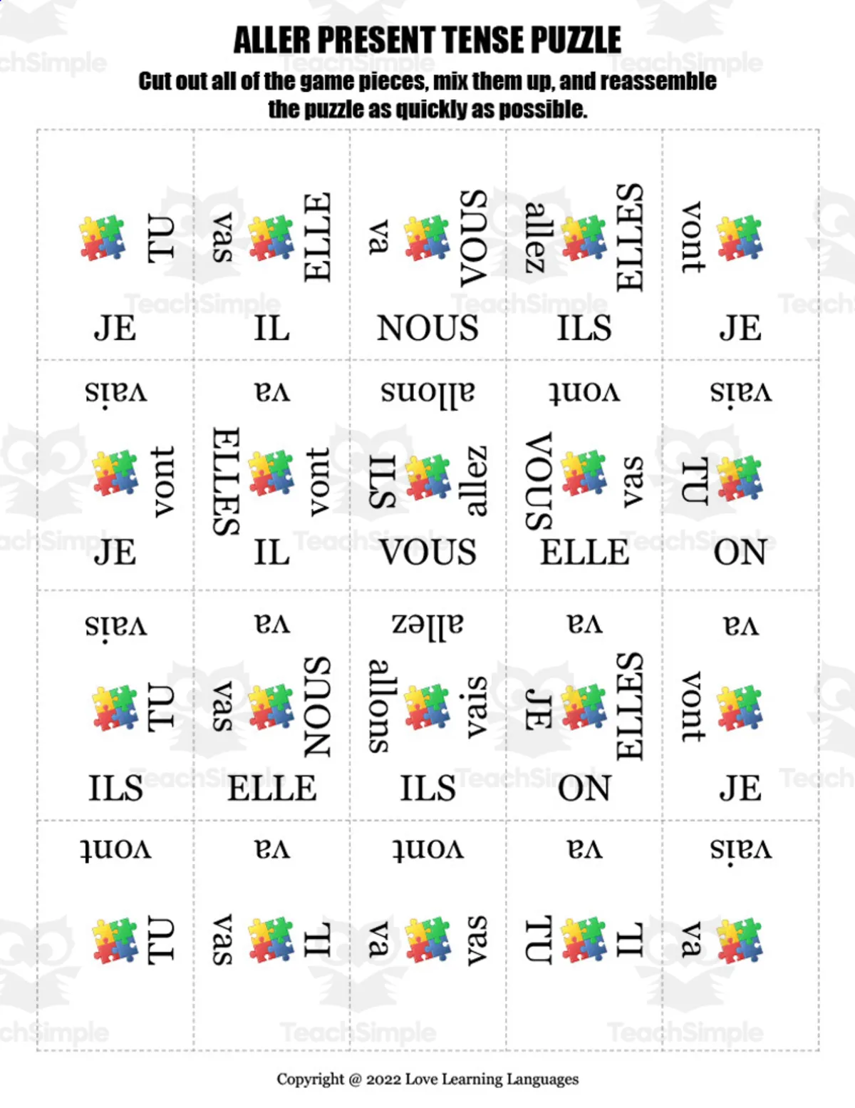 An educational teaching resource from Love Learning Languages entitled French: Aller Present Tense Puzzle downloadable at Teach Simple.
