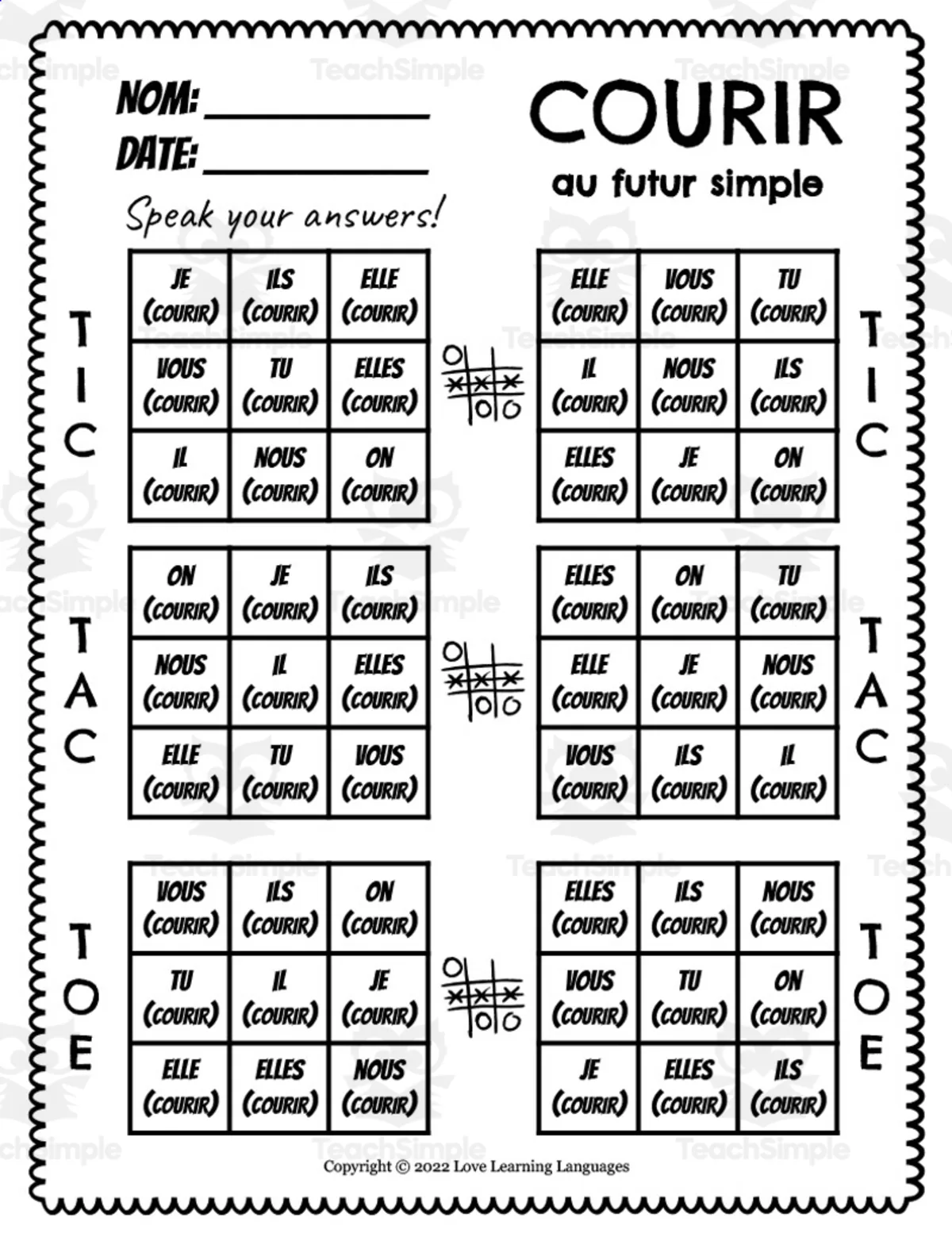 An educational teaching resource from Love Learning Languages entitled French: Courir Futur Simple Tic Tac Toe Game downloadable at Teach Simple.