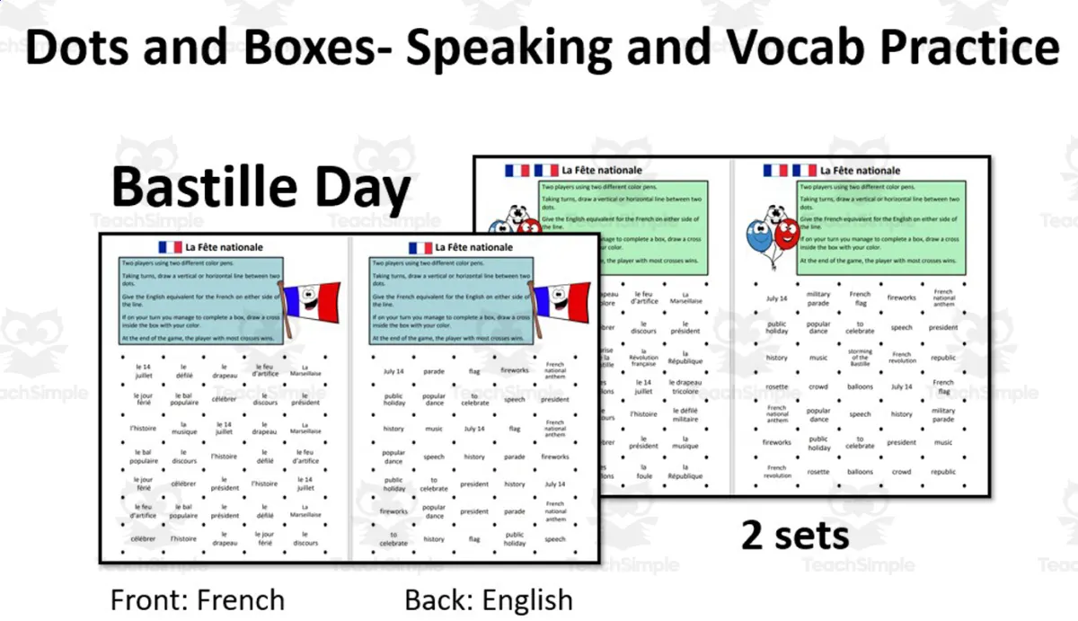 An educational teaching resource from Laprofdefrancais' Shop entitled French: Dots and Boxes- Bastille Day- Game downloadable at Teach Simple.