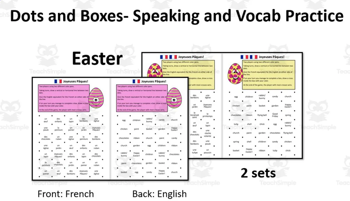 An educational teaching resource from Laprofdefrancais' Shop entitled French: dots and Boxes- Easter- Game downloadable at Teach Simple.