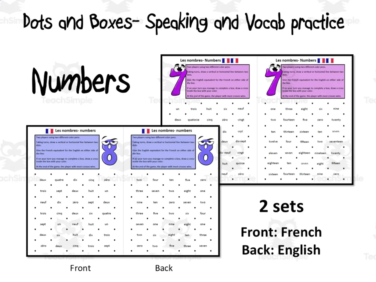 An educational teaching resource from Laprofdefrancais' Shop entitled French: Dots and Boxes- Numbers- Game downloadable at Teach Simple.