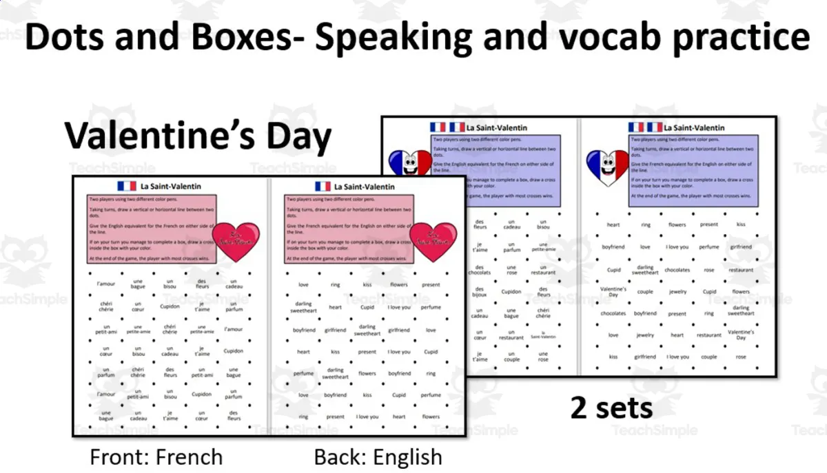 An educational teaching resource from Laprofdefrancais' Shop entitled French: dots and Boxes- Valentine- Game downloadable at Teach Simple.