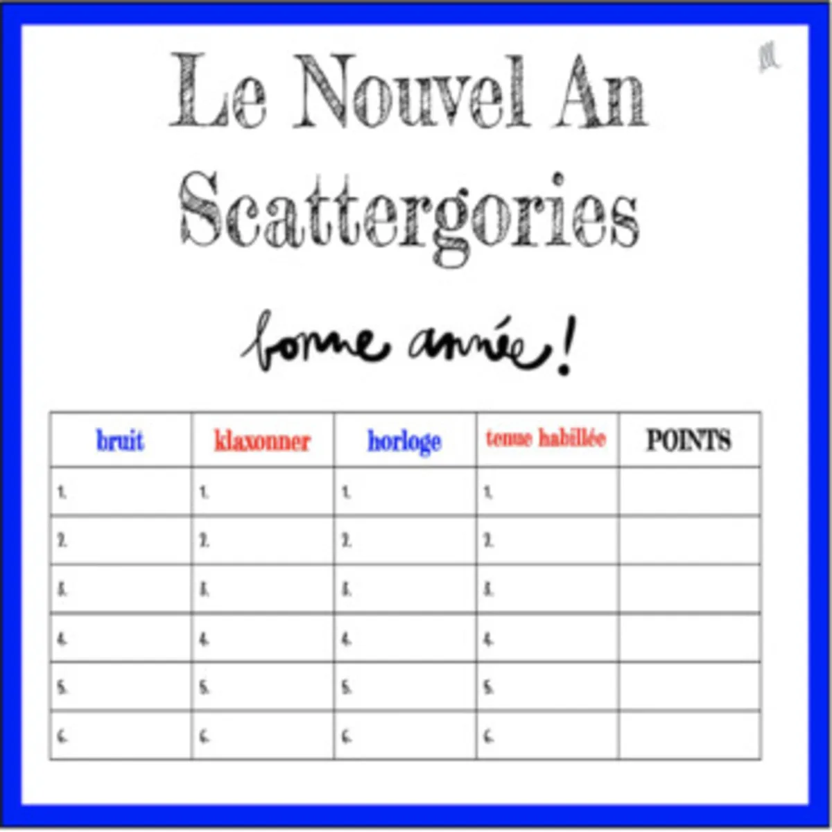 An educational teaching resource from Love Learning Languages entitled French New Year's Scattergories Game - Nouvel An downloadable at Teach Simple.