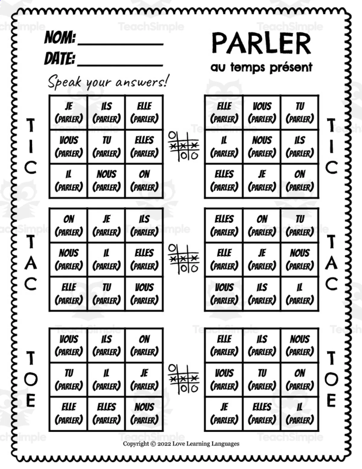 An educational teaching resource from Love Learning Languages entitled French: PARLER Present Tense Tic Tac Toe Game downloadable at Teach Simple.