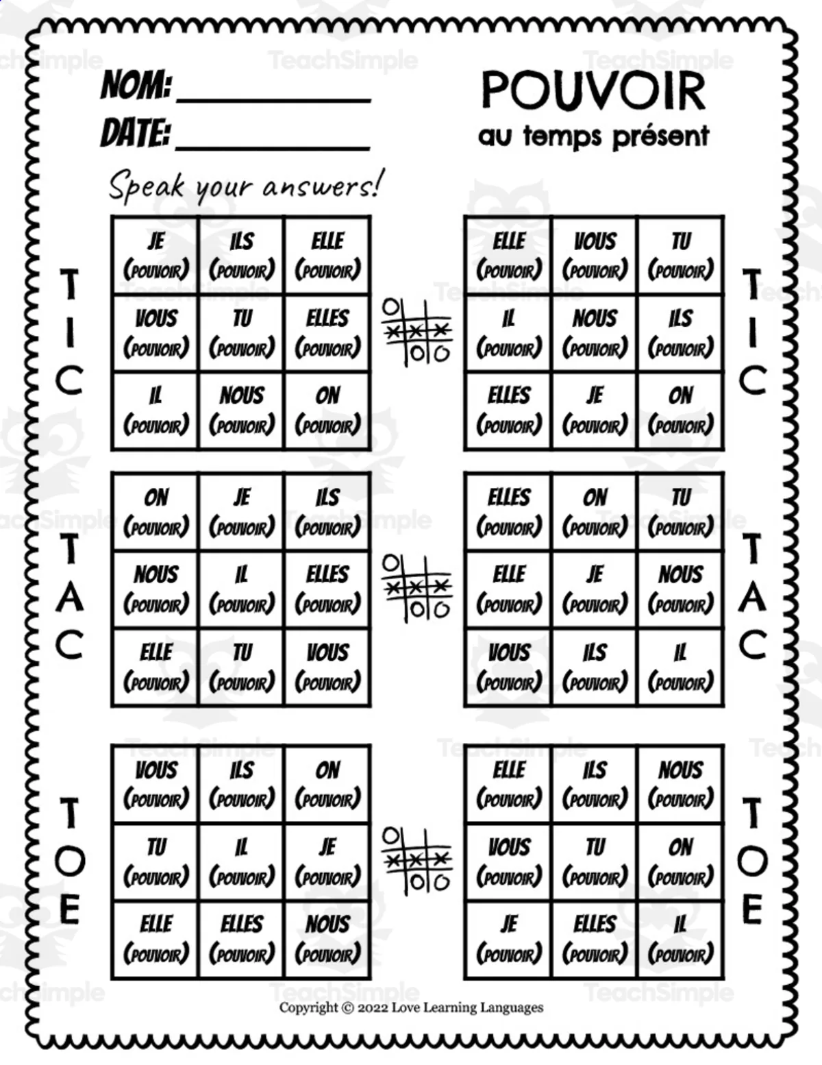 An educational teaching resource from Love Learning Languages entitled French: POUVOIR Present Tense Tic Tac Toe Game downloadable at Teach Simple.