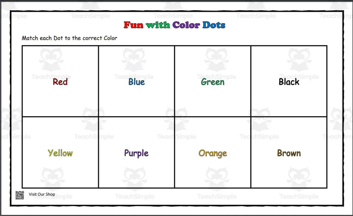 An educational teaching resource from KD's Kids School Shop entitled Fun With Color Dots Pre-K Early Learners Activity downloadable at Teach Simple.