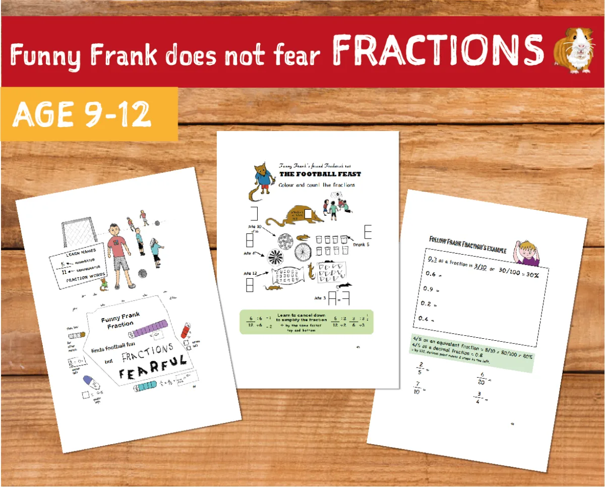 An educational teaching resource from Guinea Pig Education entitled Funny Frank Does Not Fear Fractions (9-12 years) downloadable at Teach Simple.