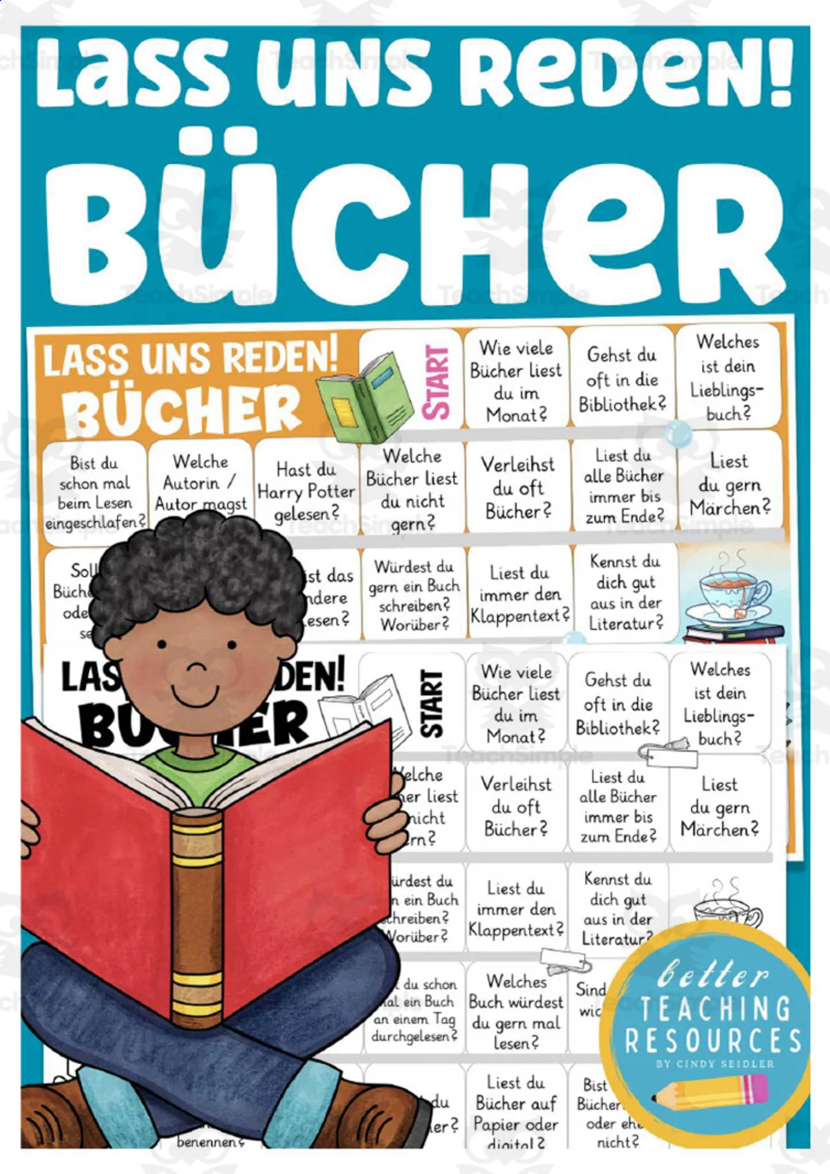 An educational teaching resource from Better Teaching Resources entitled German: Let's Talk About Books Board Game downloadable at Teach Simple.