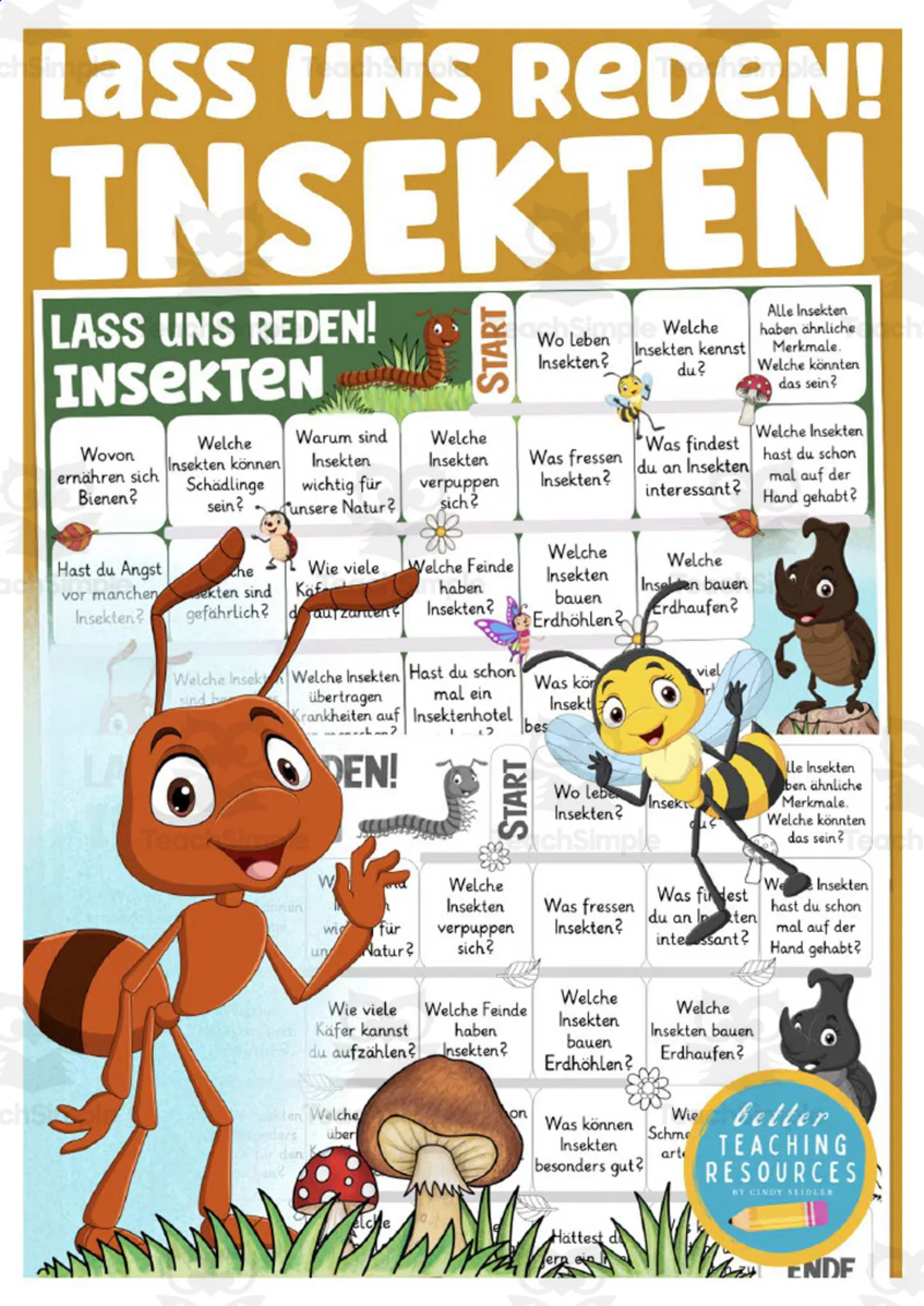 An educational teaching resource from Better Teaching Resources entitled German: Let's Talk About Insects Board Game downloadable at Teach Simple.