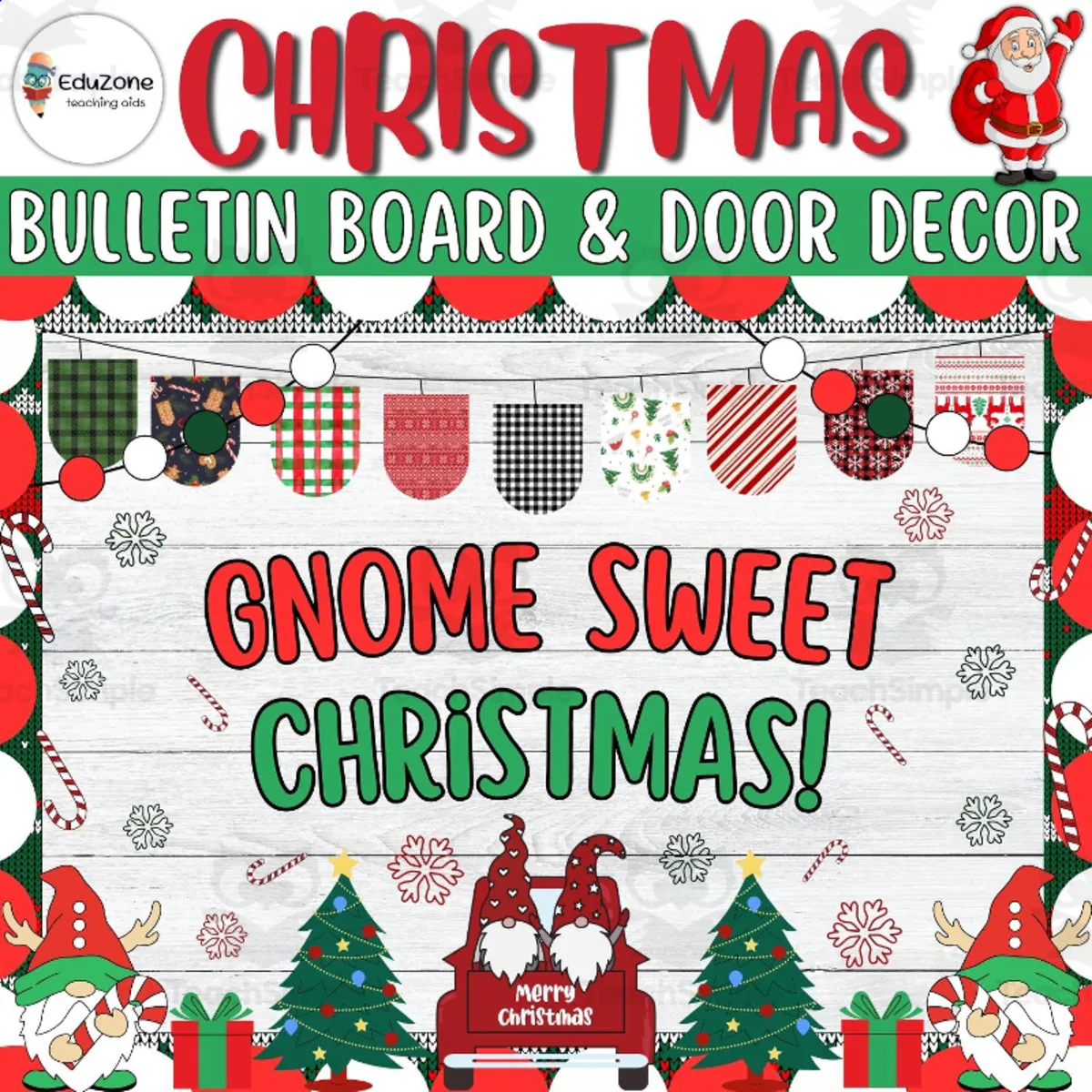 An educational teaching resource from Style Your Classroom entitled Gnome Sweet Christmas! Christmas Bulletin Board & Door Decor kit downloadable at Teach Simple.