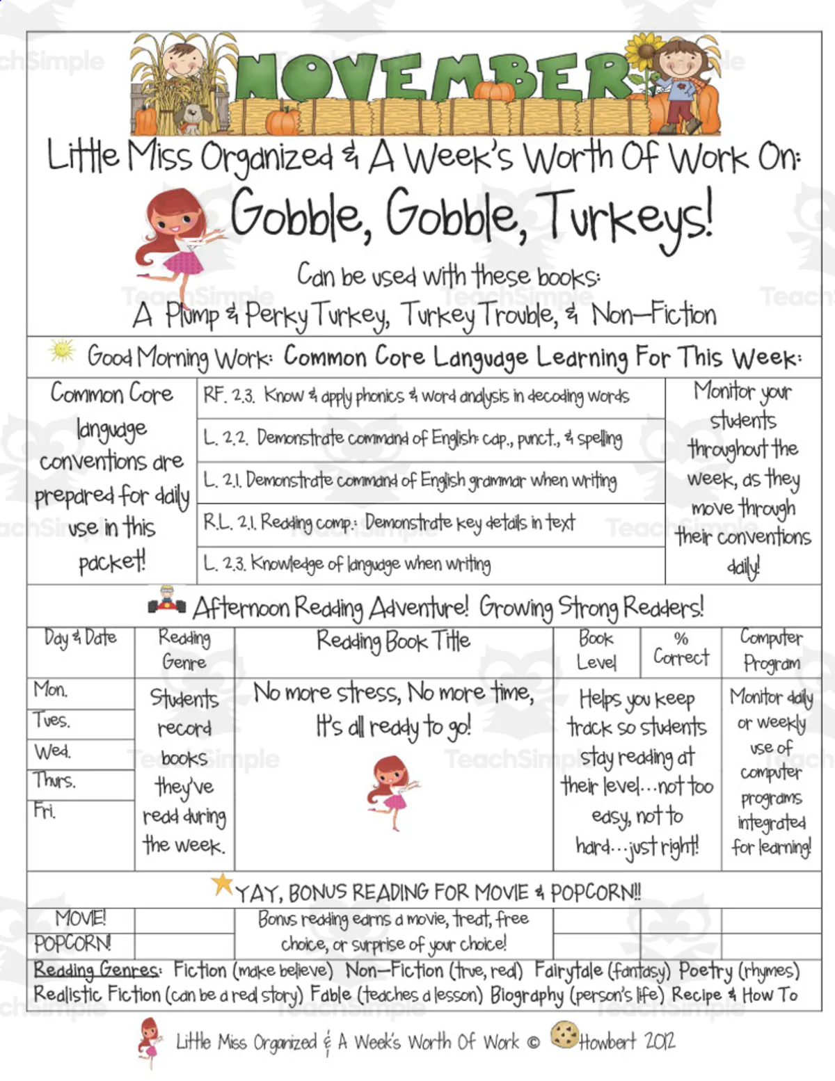 An educational teaching resource from Second Grade Smartypants entitled Gobble, Gobble, Turkeys! | Reading Activity Packet downloadable at Teach Simple.