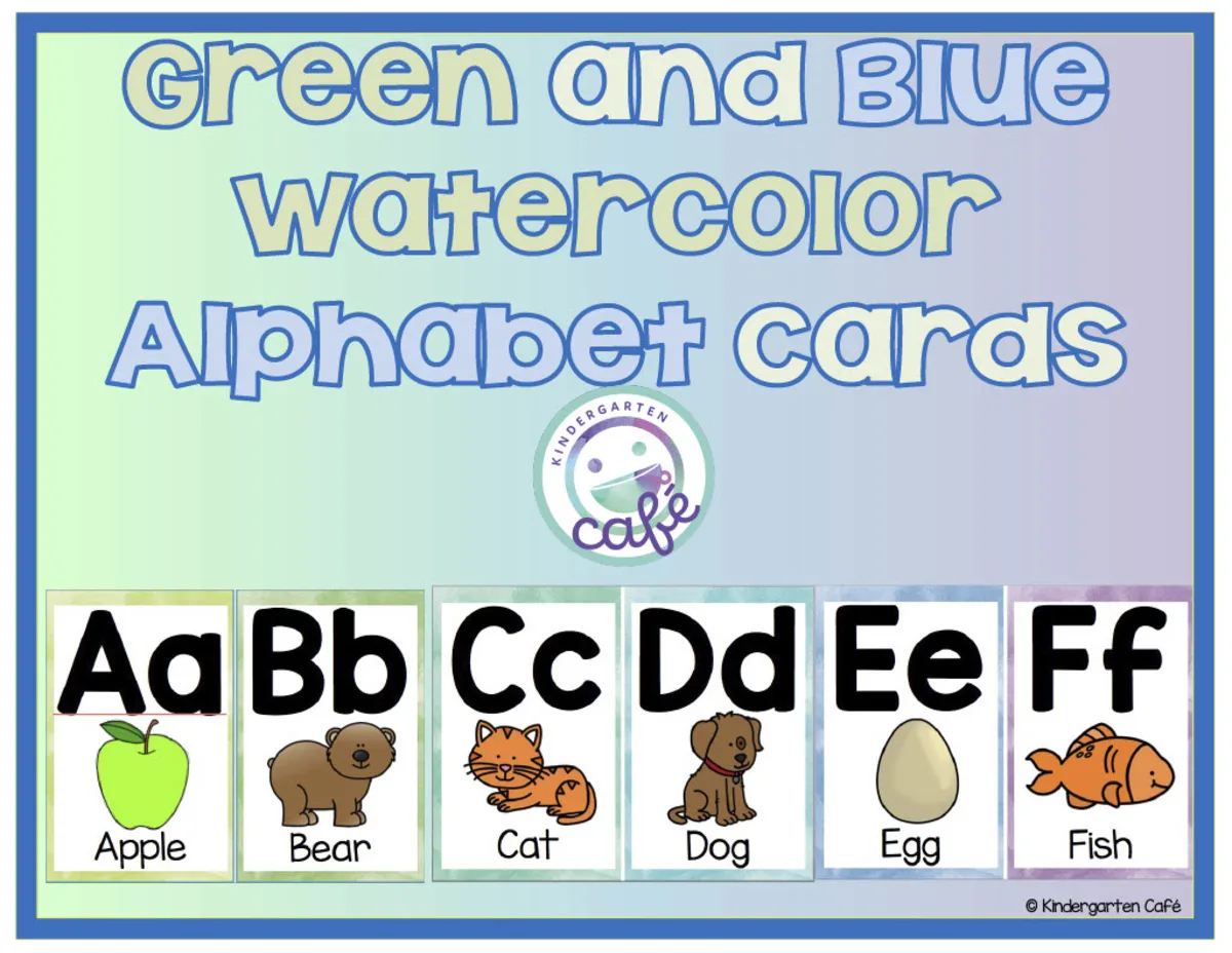 An educational teaching resource from Kindergarten Cafe entitled Green and Blue Watercolor Alphabet Cards - Bulletin Board Decor downloadable at Teach Simple.