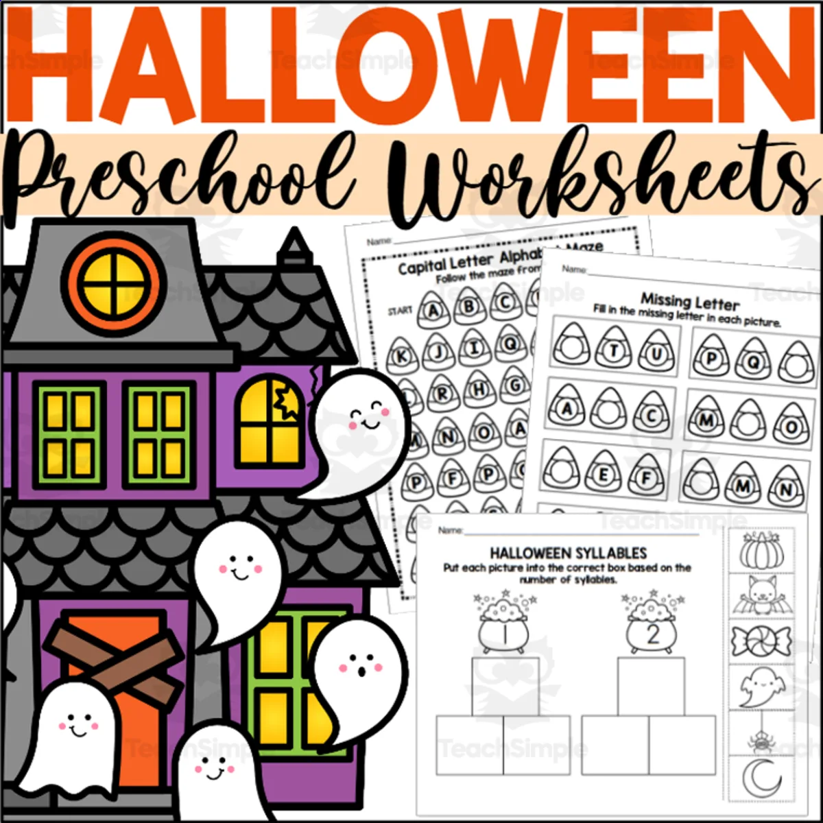 An educational teaching resource from The Connett Connection entitled Halloween Preschool Literacy Worksheets downloadable at Teach Simple.