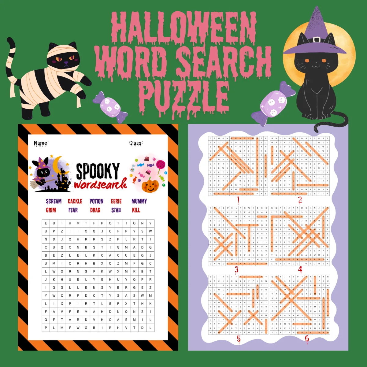 An educational teaching resource from Cutie worksheets986 entitled Halloween Word Search Puzzle | Spooky Vocabulary Game downloadable at Teach Simple.