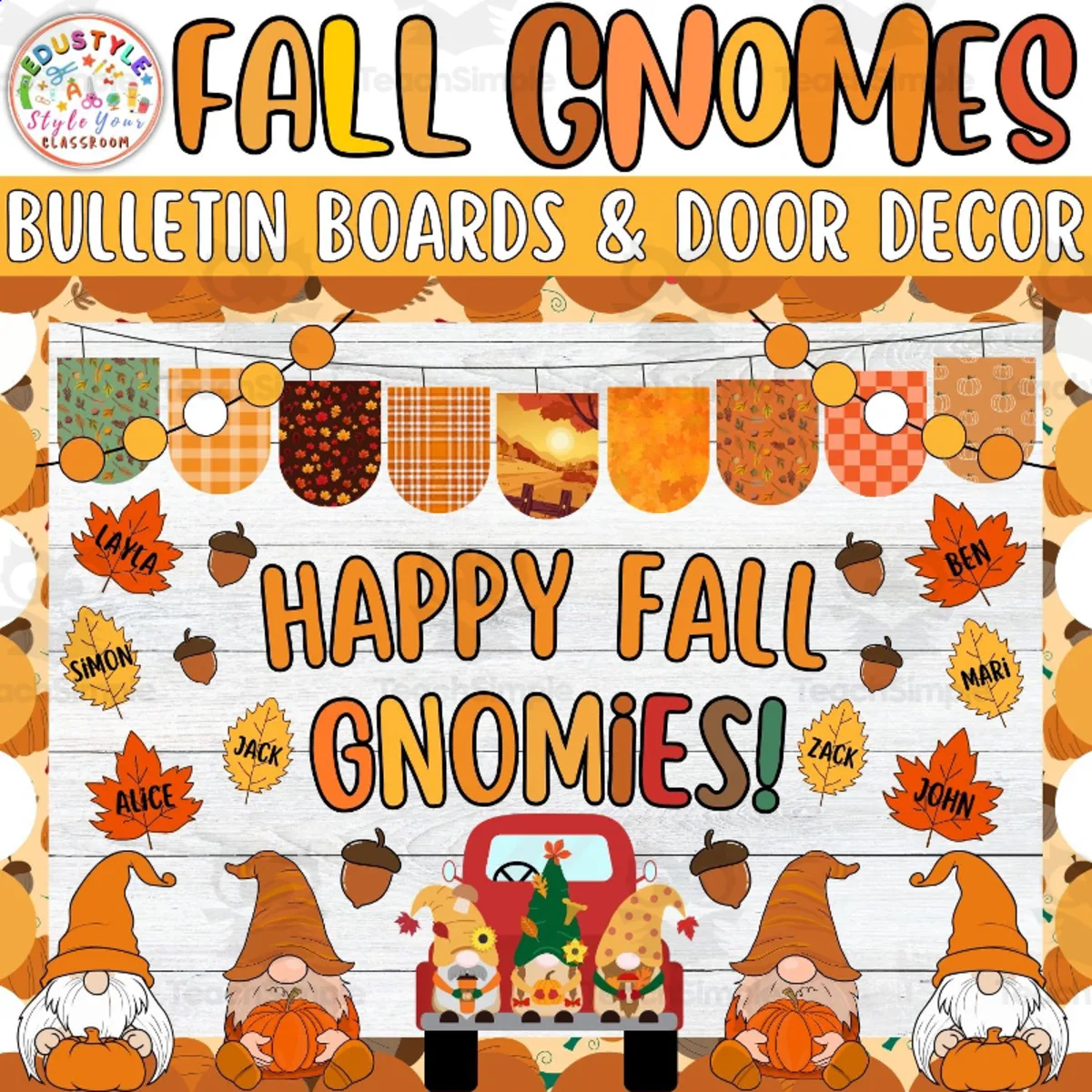 An educational teaching resource from Style Your Classroom entitled HAPPY FALL GNOMIES!: Autumn Gnomies Bulletin board or door Decor kit downloadable at Teach Simple.