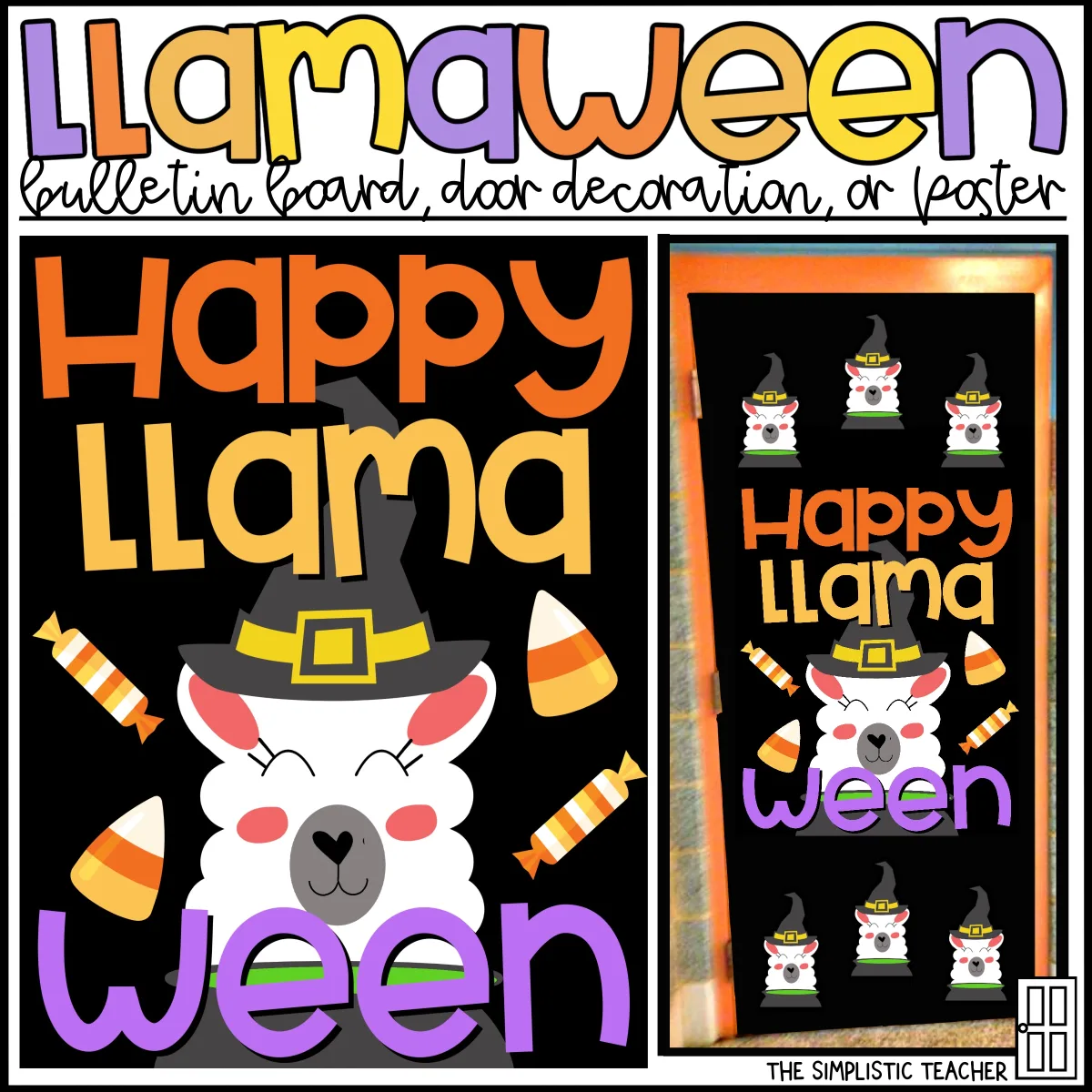 An educational teaching resource from The Simplistic Teacher entitled Happy LLamaween October Fall Bulletin Board Kit, Door Decoration Set, or Poster downloadable at Teach Simple.