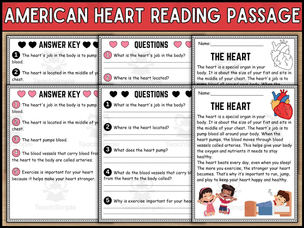 An educational teaching resource from Wonderland School entitled Heart Reading Passages - American Heart Month Reading Comprehension downloadable at Teach Simple.