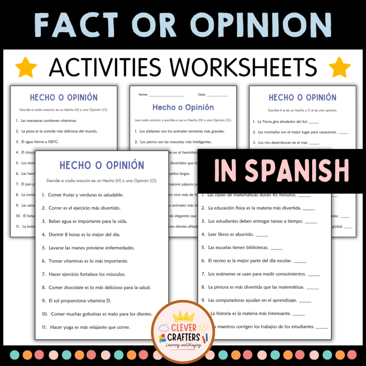 An educational teaching resource from Clever Crafters entitled Hecho u Opinión – Fact or Opinion Worksheets in Spanish downloadable at Teach Simple.