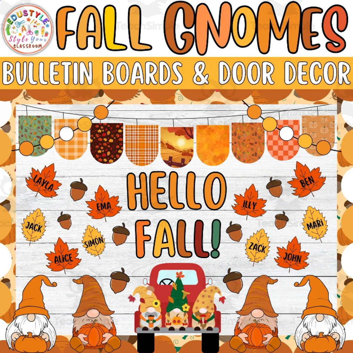 An educational teaching resource from Style Your Classroom entitled Hello Fall!: Autumn Gnomies Bulletin board or door Decor kit downloadable at Teach Simple.