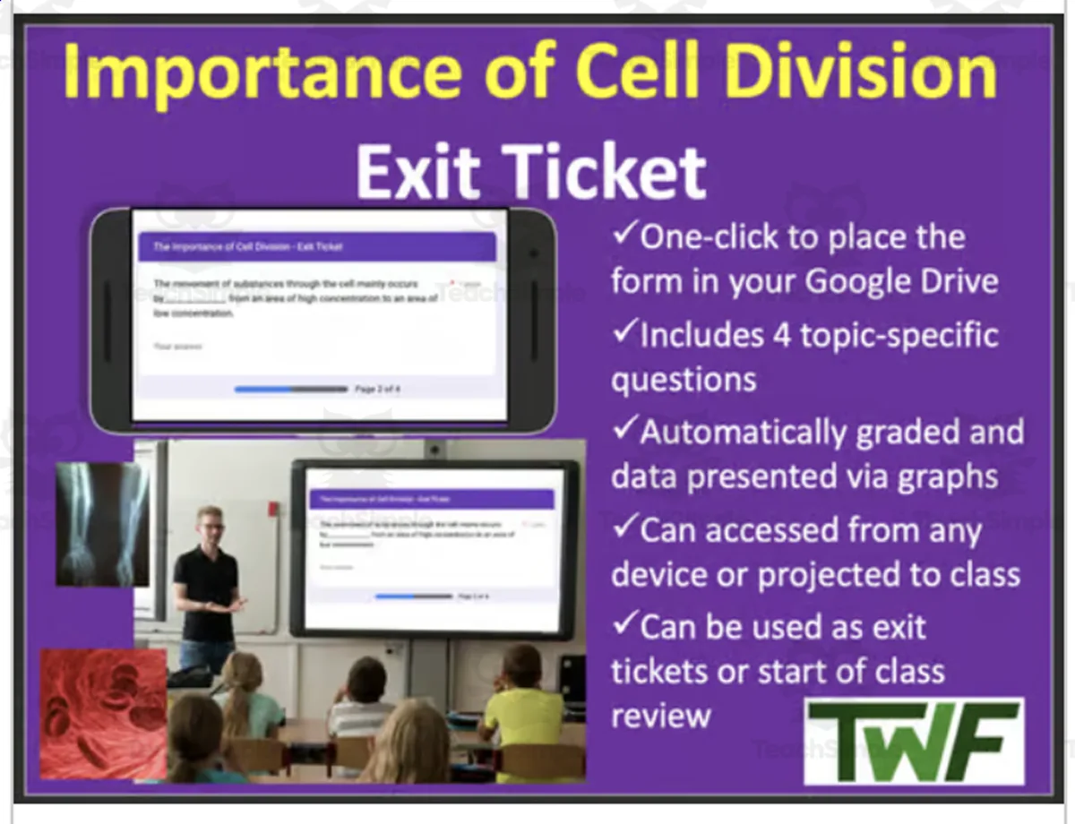An educational teaching resource from Teach With Fergy entitled Importance of Cell Division - Digital Exit Ticket and Review Activity downloadable at Teach Simple.